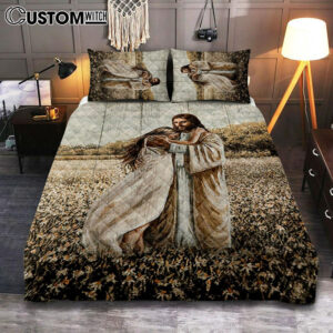 Jesus Hug Girl In Flower Field Quilt Bedding Set Bedroom – Christian Quilt Bedding Set Prints – Bible Verse Quilt Bedding Set Art