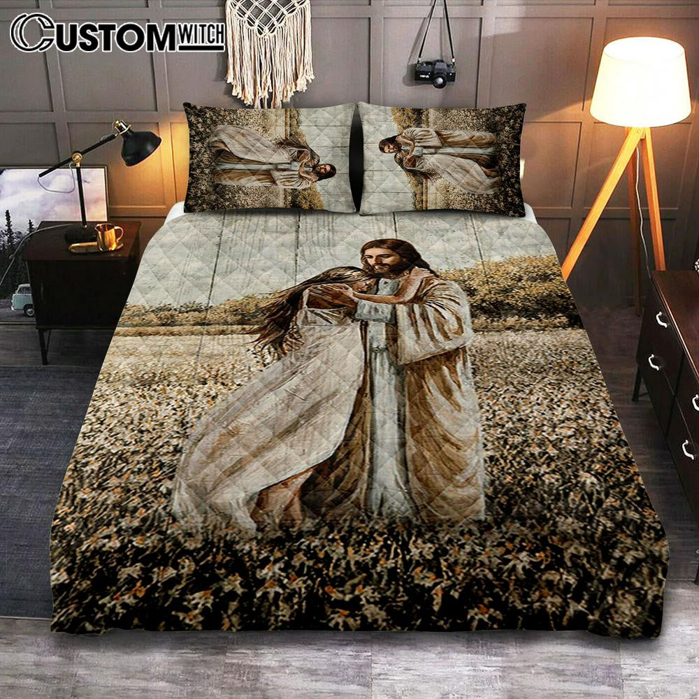 Jesus Hug Girl In Flower Field Quilt Bedding Set Bedroom – Christian Quilt Bedding Set Prints – Bible Verse Quilt Bedding Set Art