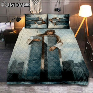 Jesus Holding The World Trade Center Building Quilt Bedding Set Prints – Jesus Christ Quilt Bedding Set Art – Christian Cover Twin Bedding Decor