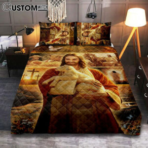 Jesus Holding A Lamb Quilt Bedding Set Prints – Jesus Christ Quilt Bedding Set Art – Christian Cover Twin Bedding Decor