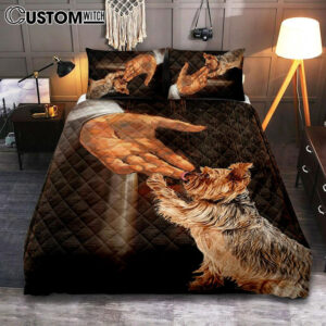 Jesus Hand Yorkshire Terrier Quilt Bedding Set – In The Hand Of God Bedroom Quilt Bedding Set – Jesus Portrait Quilt Bedding Set Prints – Christian Bedroom