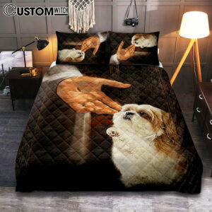 Jesus Hand Shih Tzu Puppies Bedroom Quilt Bedding Set – Jesus Portrait Quilt Bedding Set Prints – Christian Bedroom