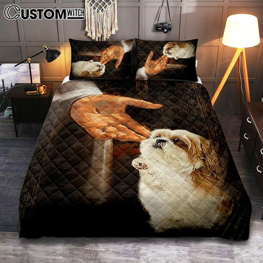 Jesus Hand Shih Tzu Puppies Bedroom Quilt Bedding Set – Jesus Portrait Quilt Bedding Set Prints – Christian Bedroom