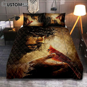 Jesus Hand Red Cardinals Thorn Crown Jesus Bedroom Quilt Bedding Set – Jesus Portrait Quilt Bedding Set Prints – Christian Bedroom