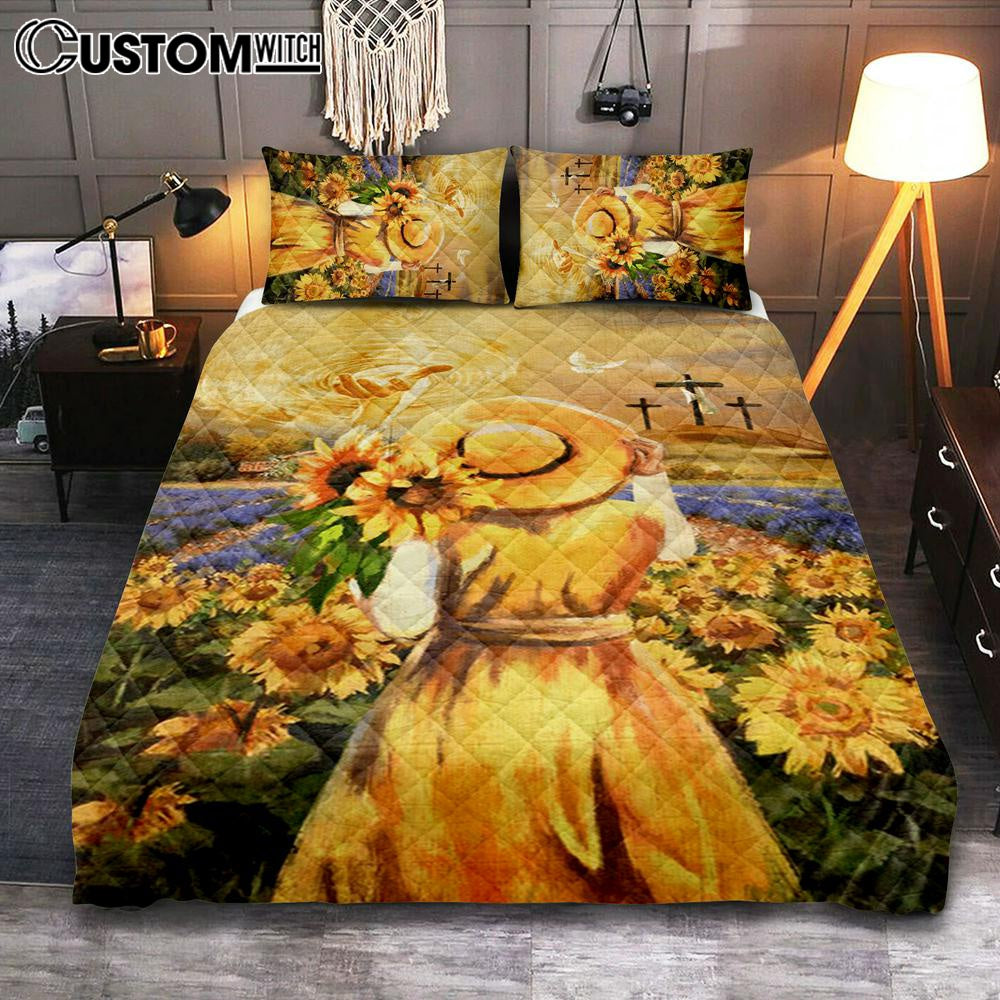 Jesus Hand Beautiful Girl Sunflower Field Cross Quilt Bedding Set Prints – Jesus Christ Quilt Bedding Set Art – Christian Cover Twin Bedding Decor Jesus Hand Beautiful Girl Sunflower Field Cross Quilt Bedding Set Prints – Jesus Christ Quilt Bedding Set Art – Christian Cover Twin Bedding Decor