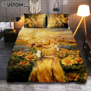 Jesus Hand Beautiful Girl Sunflower Field Cross Quilt Bedding Set Bedroom – Christian Quilt Bedding Set Prints – Bible Verse Quilt Bedding Set Art
