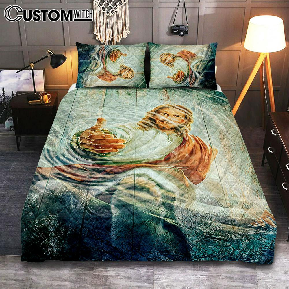 Jesus Gives Hand Under Water Quilt Bedding Set Bedroom – Jesus Quilt Bedding Set Pictures – Christian Quilt Bedding Set Bedroom