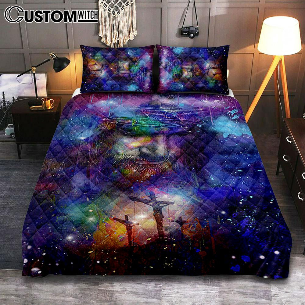 Jesus Face Crown Of Thorns Cross Bedroom Quilt Bedding Set – Jesus Portrait Quilt Bedding Set Prints – Christian Bedroom
