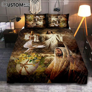 Jesus Dove Cross Yellow Flower Bedroom Quilt Bedding Set – Jesus Portrait Quilt Bedding Set Prints – Christian Bedroom