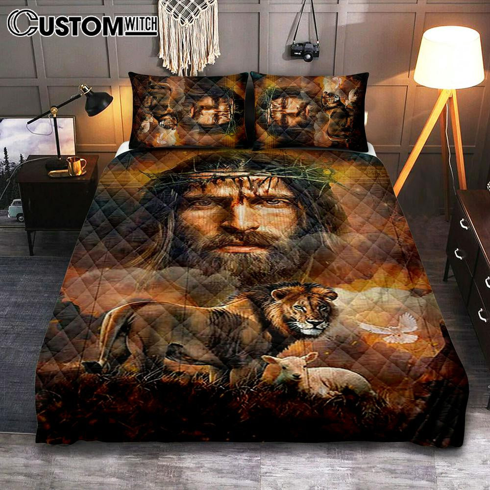 Jesus Crown Of Thorns Lion Lamb Holy Spirit Dove Bedroom Quilt Bedding Set – Jesus Portrait Quilt Bedding Set Prints – Christian Bedroom Jesus Crown Of Thorns Lion Lamb Holy Spirit Dove Bedroom Quilt Bedding Set – Jesus Portrait Quilt Bedding Set Prints – Christian Bedroom