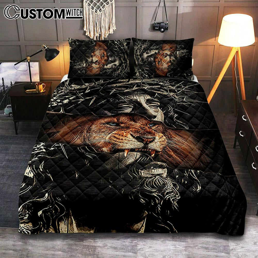 Jesus Crown Of Thorn And Lion Quilt Bedding Set – Christian Bedroom – Religious Home Decor