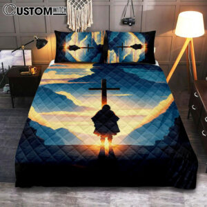 Jesus Cross Front Mountain With Sun Shining It Quilt Bedding Set Prints – Religious Quilt Bedding Set Art – Christian Cover Twin Bedding Decor