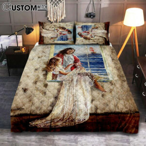 Jesus Christ The Redeemer Beautiful Girl Blue Ocean Bedroom Quilt Bedding Set – Jesus Portrait Quilt Bedding Set Prints – Christian Bedroom