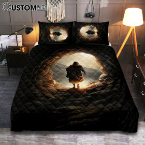Jesus Christ Rises From Cave Quilt Bedding Set Prints – Religious Quilt Bedding Set Art – Christian Cover Twin Bedding Decor