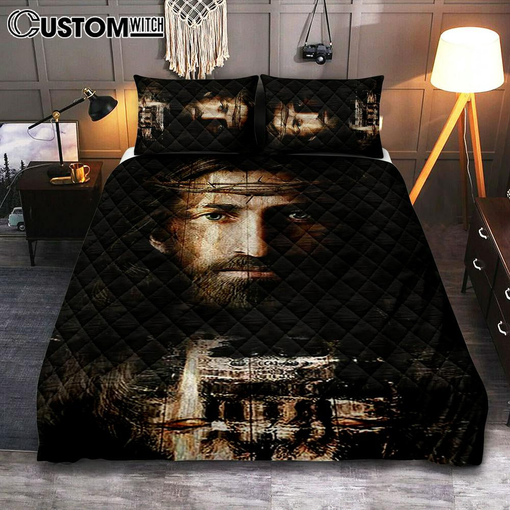 Jesus Christ Crown Of Thorns Bedroom Quilt Bedding Set – Jesus Portrait Quilt Bedding Set Prints – Christian Bedroom