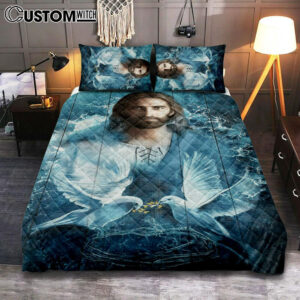 Jesus Bird Couple Blue Water Quilt Bedding Set Prints – Jesus Christ Quilt Bedding Set Art – Christian Cover Twin Bedding Decor
