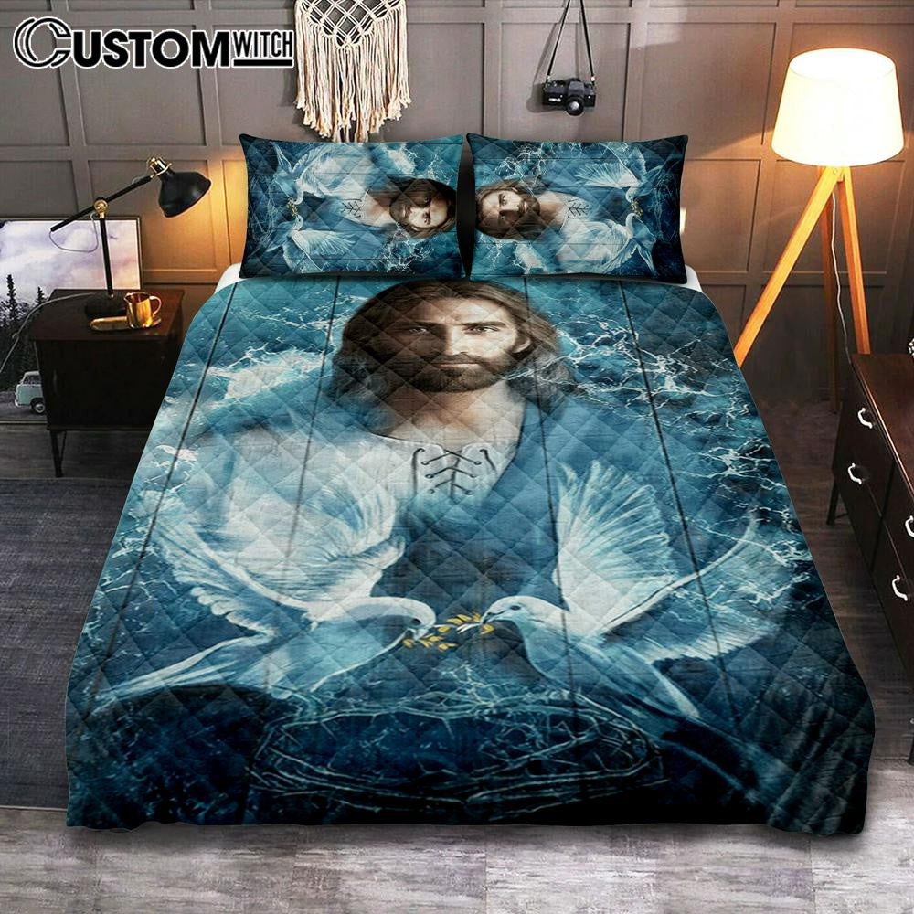 Jesus Bird Couple Blue Water Quilt Bedding Set Prints – Jesus Christ Quilt Bedding Set Art – Christian Cover Twin Bedding Decor