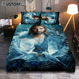 Jesus Bird Couple Blue Water Bedroom Quilt Bedding Set – Jesus Portrait Quilt Bedding Set Prints – Christian Bedroom
