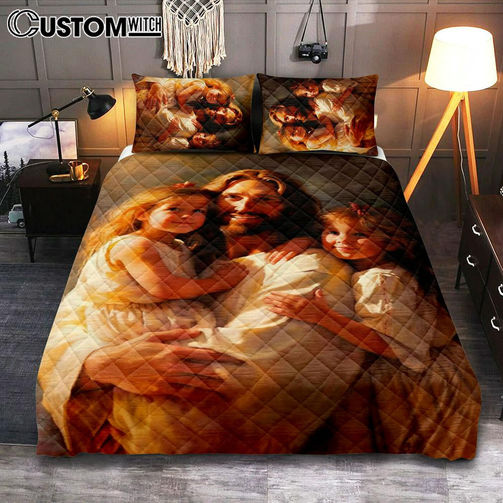 Jesus And Two Little Girls Quilt Bedding Set Prints – Jesus Quilt Bedding Set Art – Christian Bedroom Decor