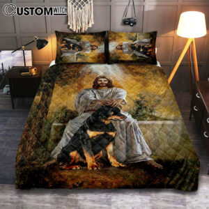 Jesus And Rottweiler Dog Bedroom Quilt Bedding Set – Jesus Portrait Quilt Bedding Set Prints – Christian Bedroom