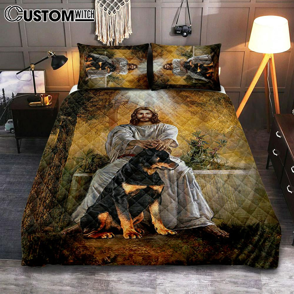 Jesus And Rottweiler Dog Bedroom Quilt Bedding Set – Jesus Portrait Quilt Bedding Set Prints – Christian Bedroom