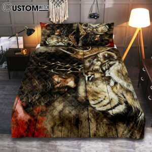 Jesus And Lion Of Judah Quilt Bedding Set Prints – Jesus Christ Quilt Bedding Set Art – Christian Cover Twin Bedding Decor