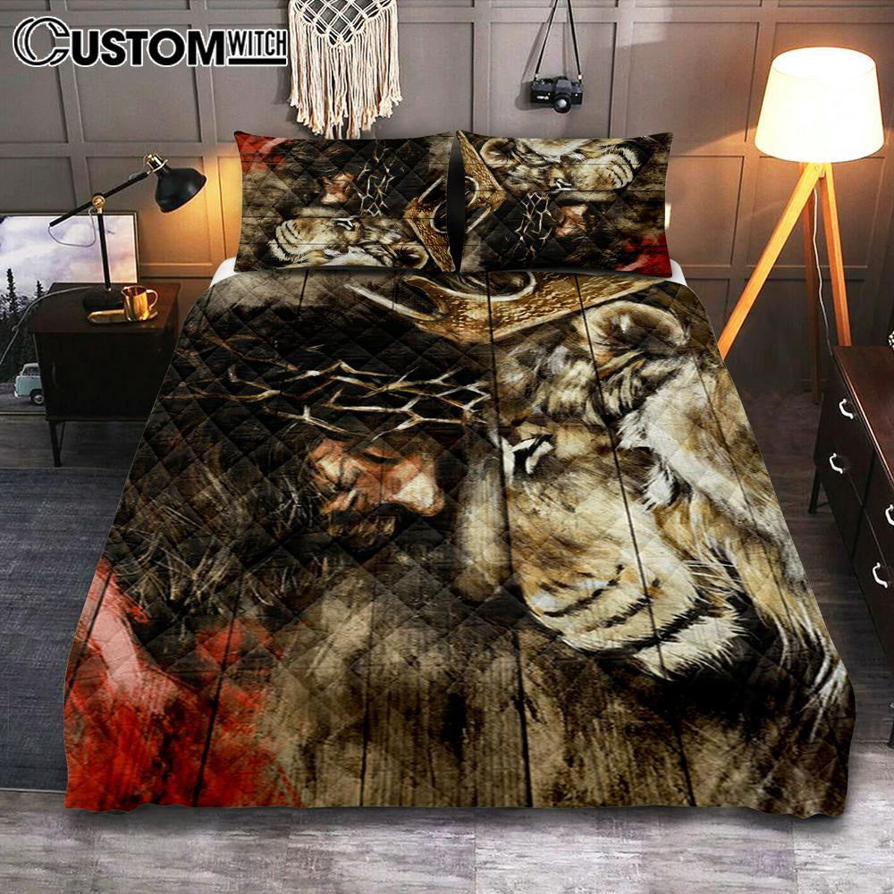 Jesus And Lion Of Judah Quilt Bedding Set Prints – Jesus Christ Quilt Bedding Set Art – Christian Cover Twin Bedding Decor