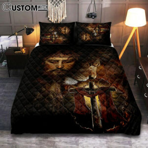 Jesus And Lion Of Judah Amazing Wooden Cross Bedroom Quilt Bedding Set – Jesus Portrait Quilt Bedding Set Prints – Christian Bedroom