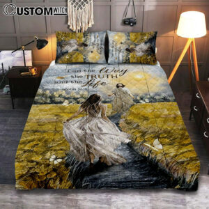 Jesus And Girl I Am The Way The Truth And The Life Quilt Bedding Set Bedroom – Christian Quilt Bedding Set Prints – Bible Verse Quilt Bedding Set Art