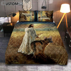 Jesus And German Shepherd Dog Walking Rice Field Quilt Bedding Set Cover Twin Bedding Decor – Christian Bedroom – Gift For Dog Lover