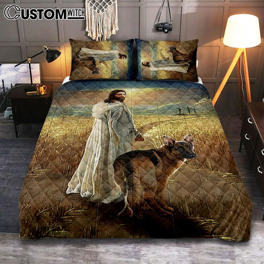 Jesus And German Shepherd Dog Walking Rice Field Quilt Bedding Set Cover Twin Bedding Decor – Christian Bedroom – Gift For Dog Lover