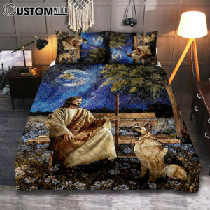 Jesus And German Shepherd Dog Daisy Field Bedroom Quilt Bedding Set – Jesus Portrait Quilt Bedding Set Prints – Christian Bedroom