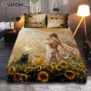 Jesus And Cat Sunflower Garden Quilt Bedding Set Art – Christian Bedroom Decor – Gift For Cat Lover