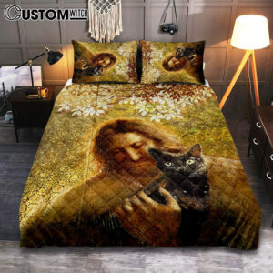 Jesus And Black Cat Quilt Bedding Set Bedroom – Bible Verse Quilt Bedding Set Art – Christian Home Decor