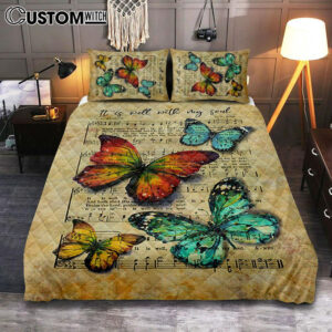 It Is Well With My Soul Quilt Bedding Set – Brilliant Butterfly Antique Music Sheet Quilt Bedding Set Art – Bible Verse Bedroom