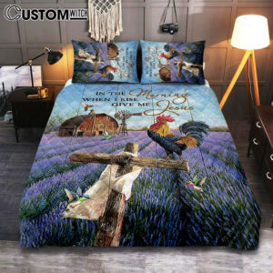 In The Morning When I Rise Give Me Jesus Rooster Lavender Field Cross Quilt Bedding Set – Christian Bedroom – Religious Home Decor