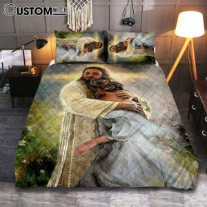 In The Arms Of God Quilt Bedding Set – Jesus Hug Daisy Field Quilt Bedding Set Art – Bible Verse Bedroom