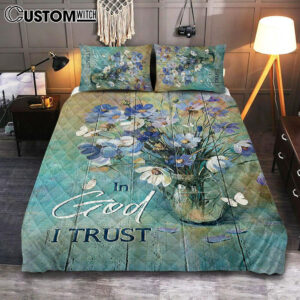 In God I Trust Blue Delicate Flower Quilt Bedding Set – Christian Bedroom – Religious Home Decor