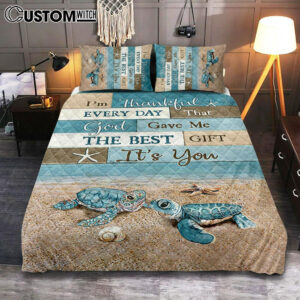 I’m Thankful Every Day Blue Sea Turtle Quilt Bedding Set Art – Bible Verse Bedroom