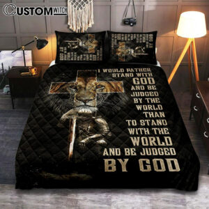 I Would Rather Stand With God Quilt Bedding Set – Lion Of Judah Cross Warrior Quilt Bedding Set Art – Bible Verse Bedroom