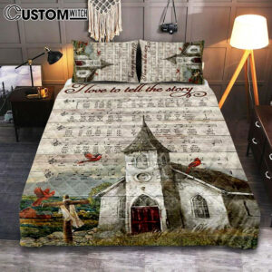 I Love To Tell The Story Red Cardinal Cross Quilt Bedding Set Art – Bible Verse Bedroom
