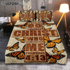 I Can Do All Things Through Christ Who Strengthens Me Cross Orange Butterfly Quilt Bedding Set Bedroom – Bible Verse Quilt Bedding Set Art