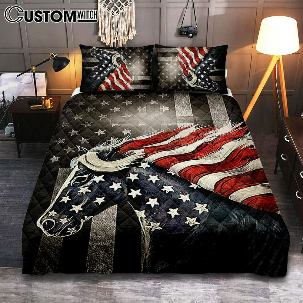 Horse Us Pattern Black Background Us Flag Quilt Bedding Set Quilt Bedding Set Bedroom – Christian Quilt Bedding Set Prints – Bible Verse Quilt Bedding Set Art
