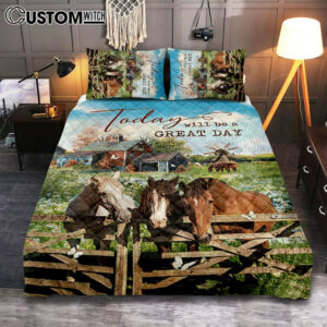 Horse Today Will Be A Great Day Quilt Bedding Set Bedroom – Bible Verse Quilt Bedding Set Art – Christian Home Decor