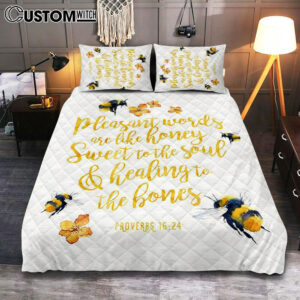 Honey Bee Quilt Bedding Set Cover Twin Bedding Decor – Pleasant Words Are Like Honey – Proverbs 16 24 – Christian Quilt Bedding Set Bedroom Decor