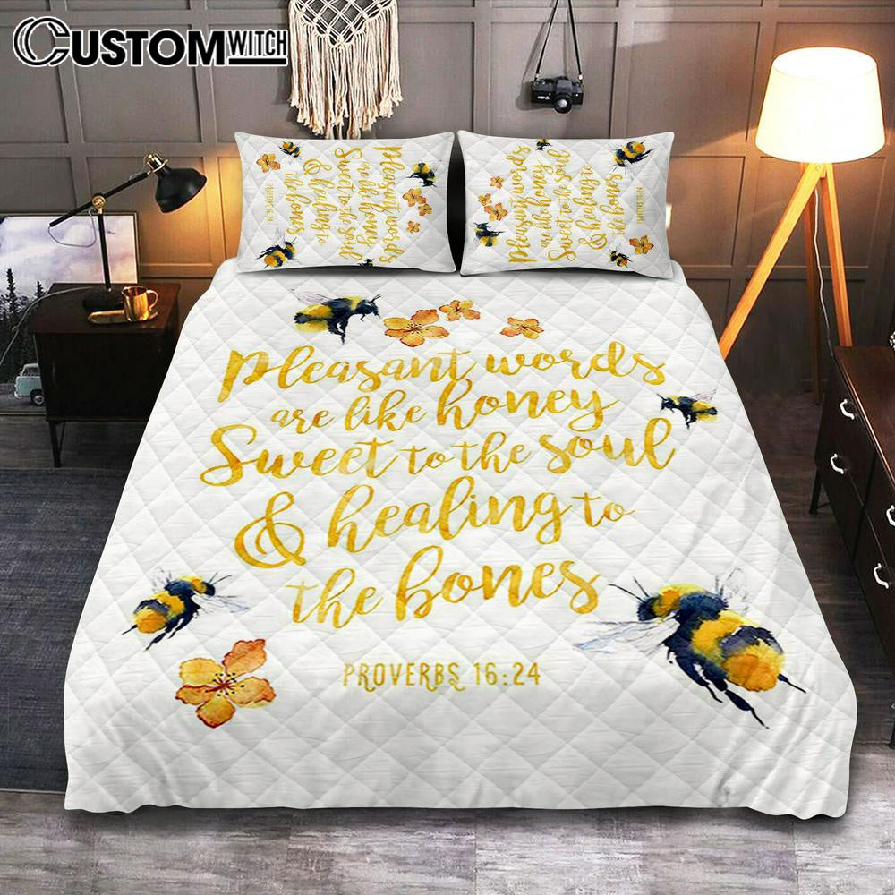 Honey Bee Quilt Bedding Set Cover Twin Bedding Decor – Pleasant Words Are Like Honey – Proverbs 16 24 – Christian Quilt Bedding Set Bedroom Decor