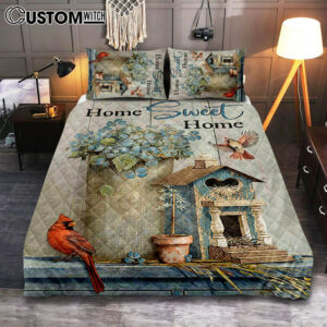 Home Sweet Home Blue Hydrangea Red Cardinals Quilt Bedding Set Art – Bible Verse Bedroom