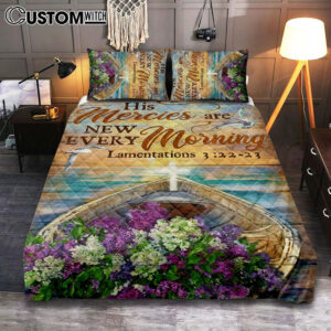 His Mercies Are New Every Morning Boat Flower Cross Quilt Bedding Set Bedroom – Christian Bedroom Decor – Religious Quilt Bedding Set Prints
