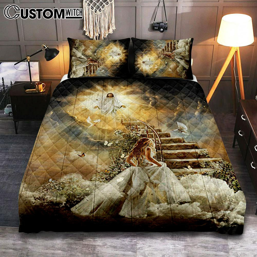 Heaven Holy Spirit Dove Stair To Heaven Welcome Home Quilt Bedding Set Bedroom – Christian Quilt Bedding Set Prints – Bible Verse Quilt Bedding Set Art