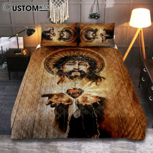 Heart Jesus Face Crown Of Thorn Jesus Quilt Bedding Set Bedroom – Christian Quilt Bedding Set Prints – Bible Verse Quilt Bedding Set Art